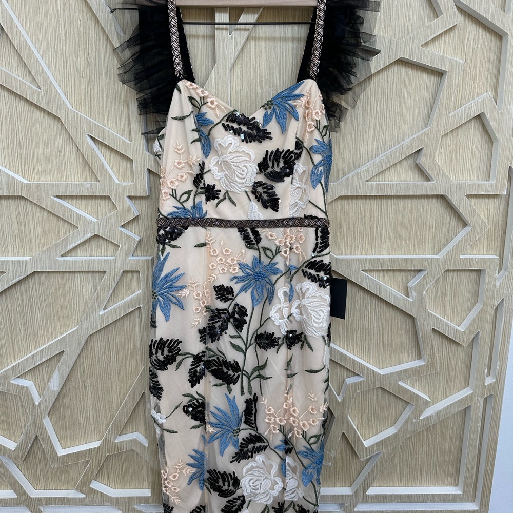Lulu's Blue and Black Spaghetti Strap Sheath Midi Dress